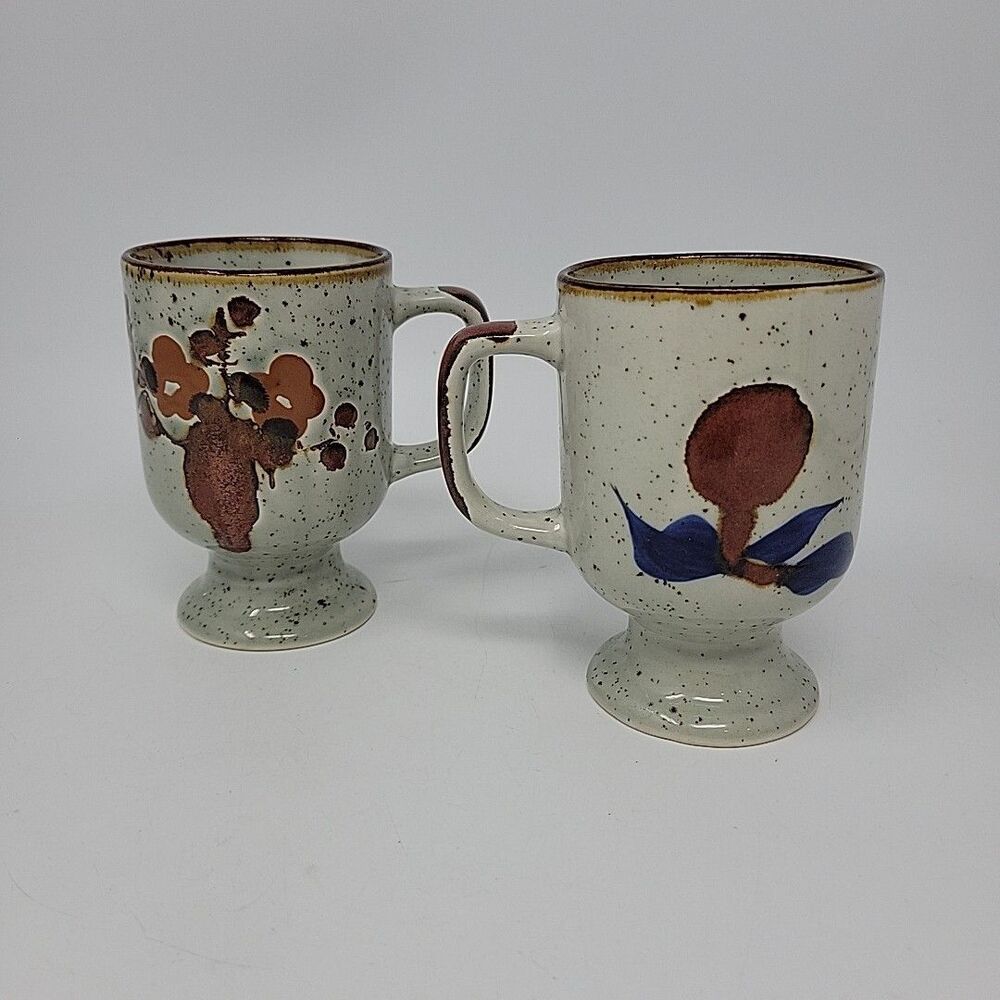 Vintage Speckled Cream Brown Floral Berry Coffee Mugs Cups Set of 2